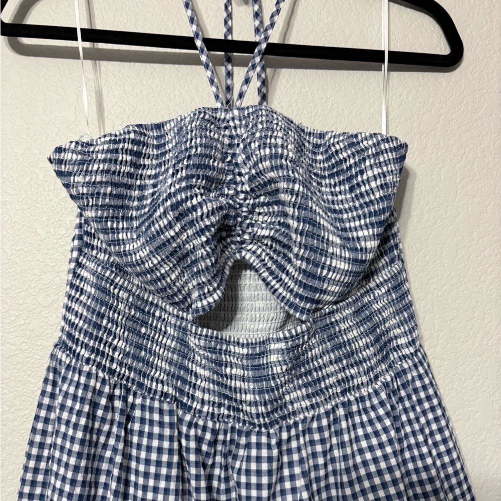 Strapless Blue Gingham Maxi Dress with Cutout - Picture 3 of 14